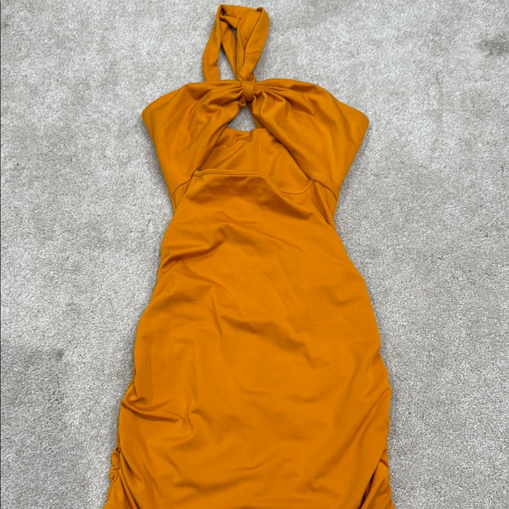 Amazon Mustard Backless Halter Dress
